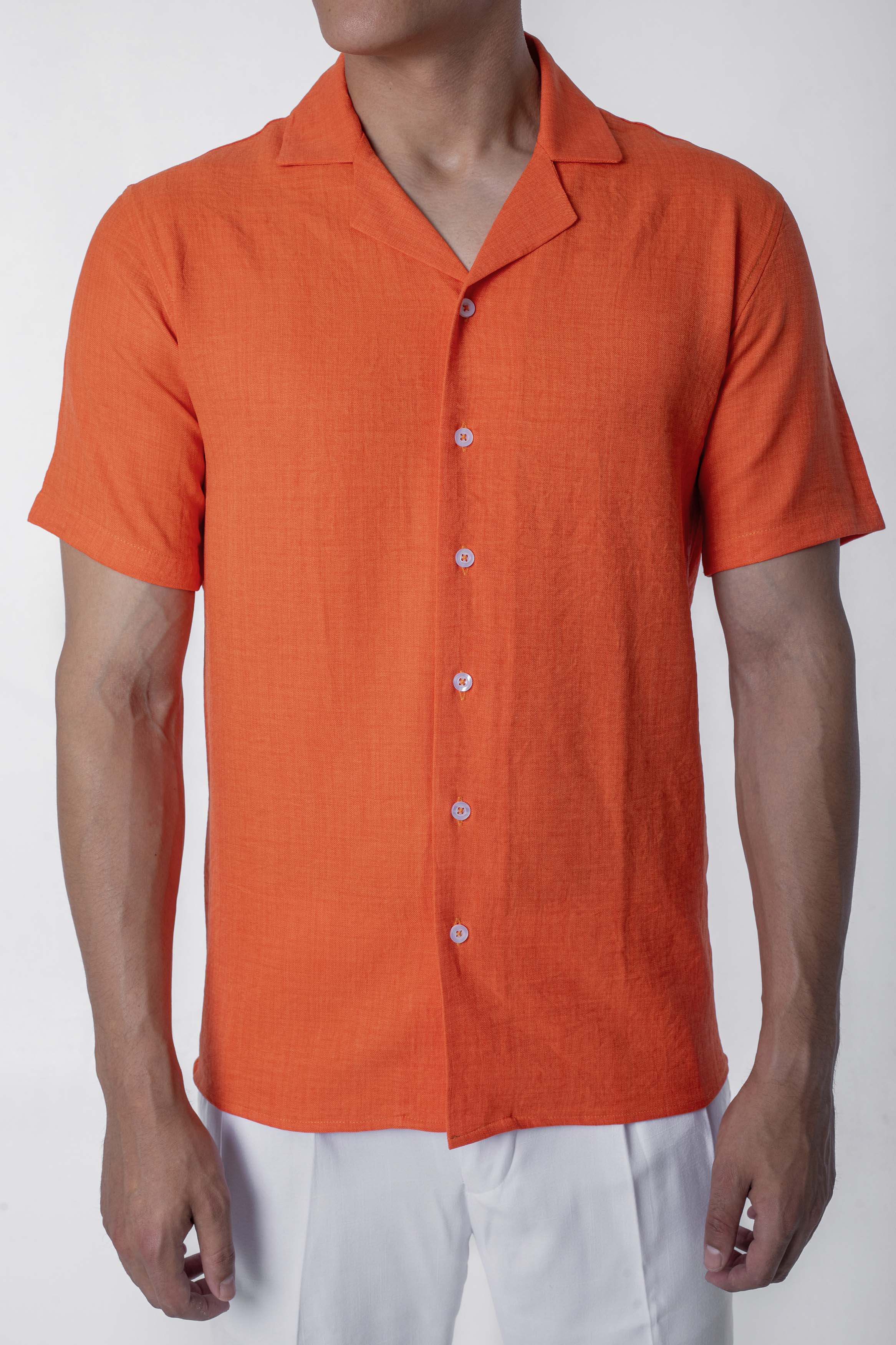 regular  fit camp  collar  linen sleeve short - Orange