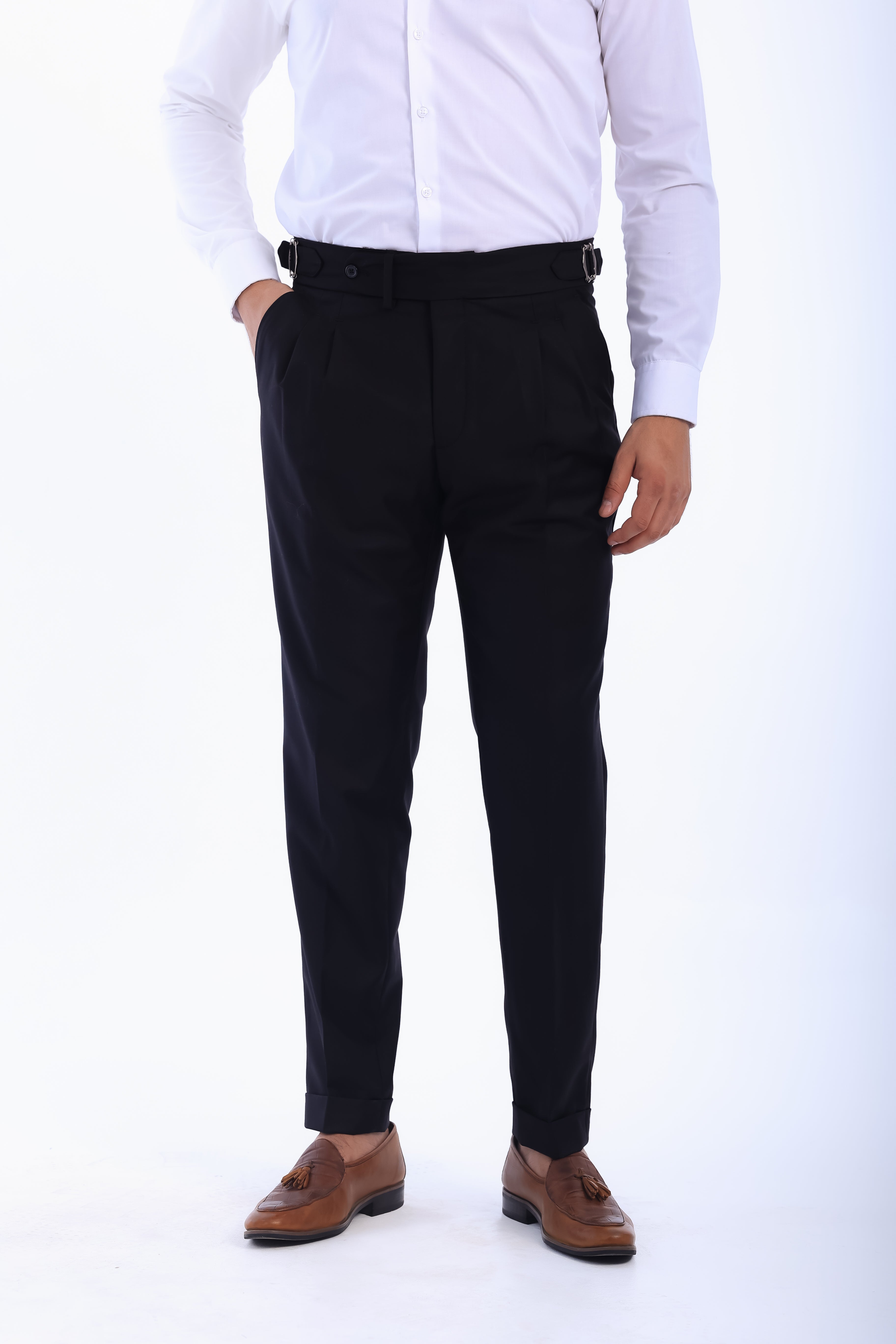 one button hight waist gurkha trousers-Black