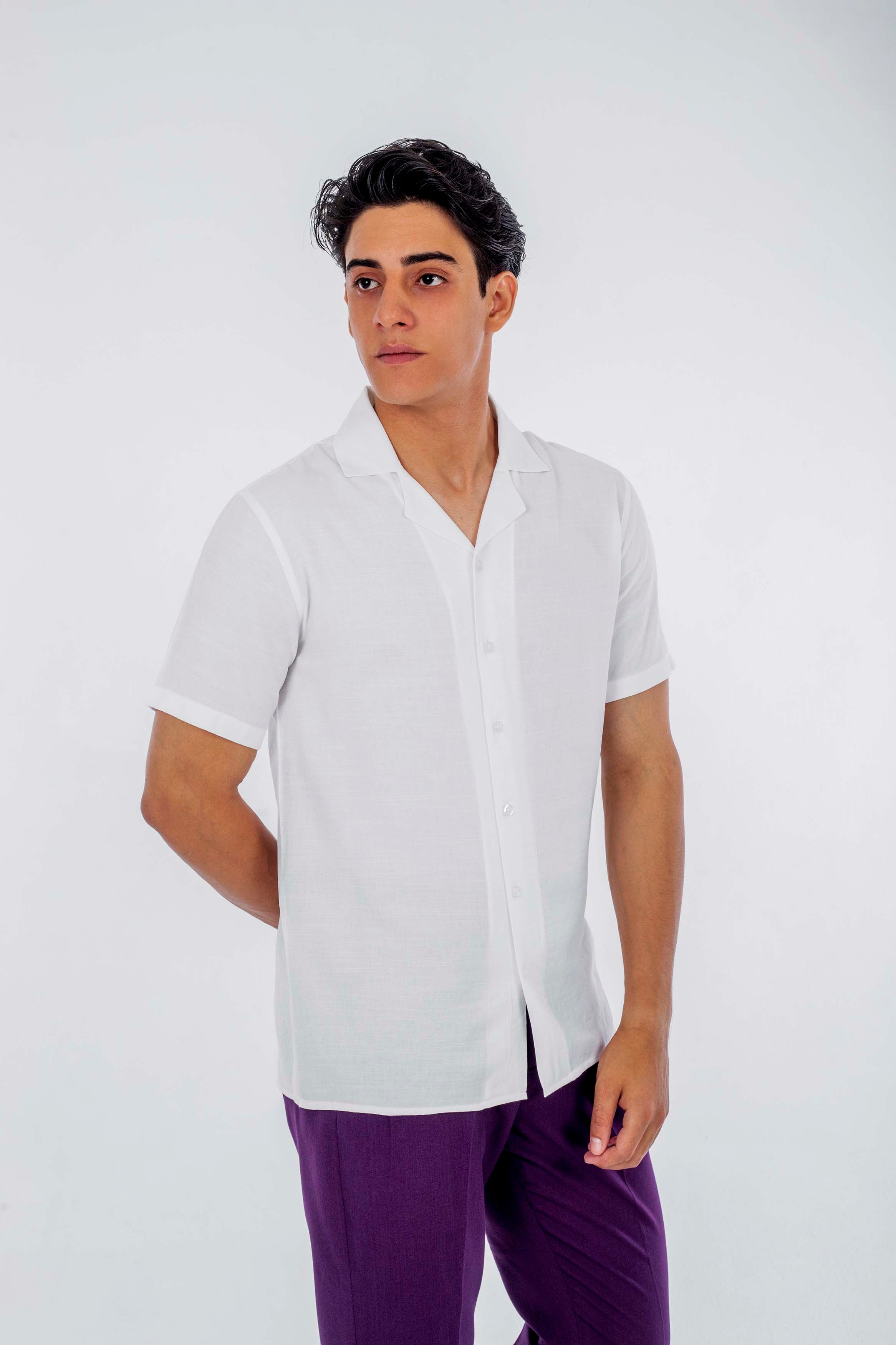 regular  fit camp  collar  linen sleeve short - White