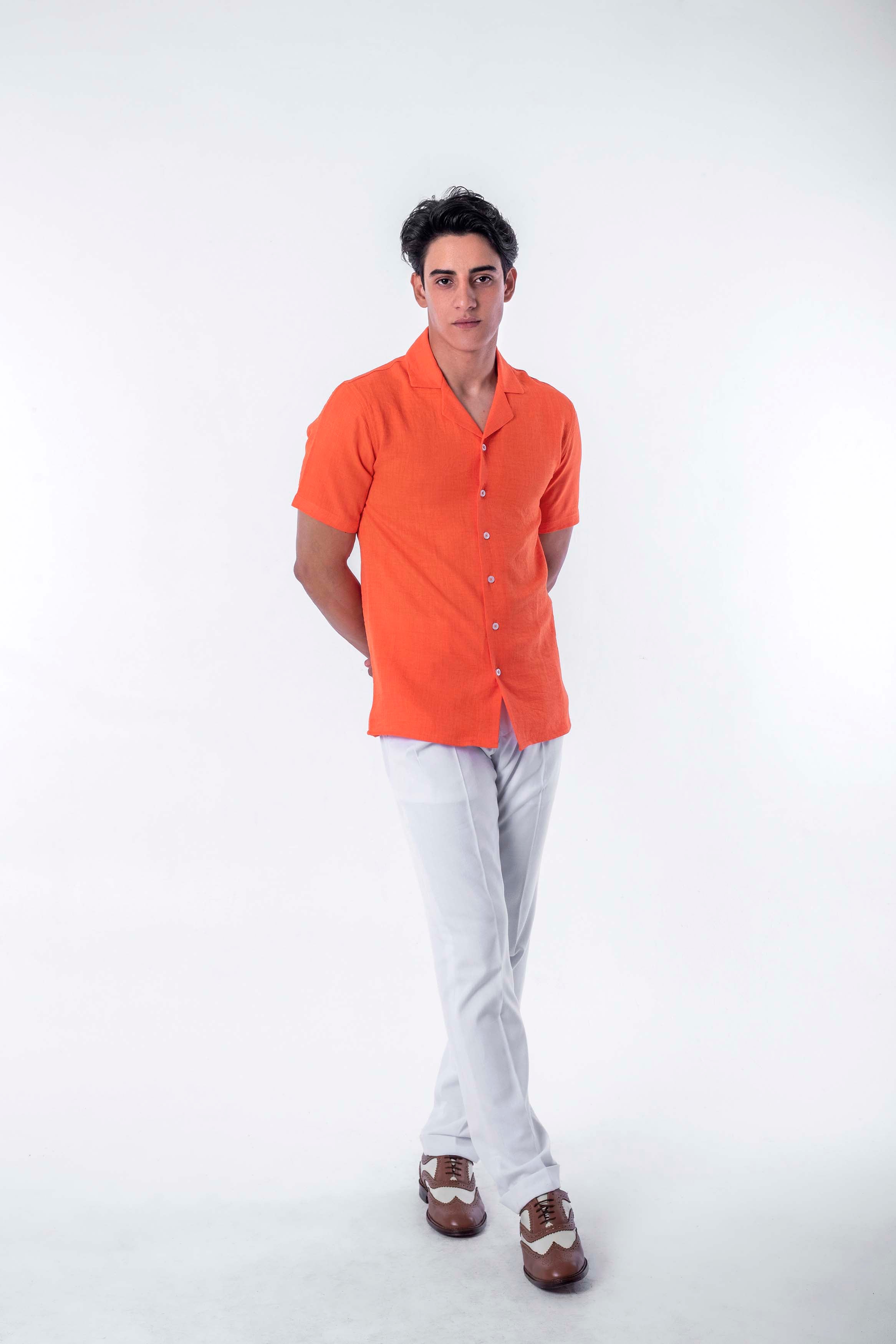 regular  fit camp  collar  linen sleeve short - Orange