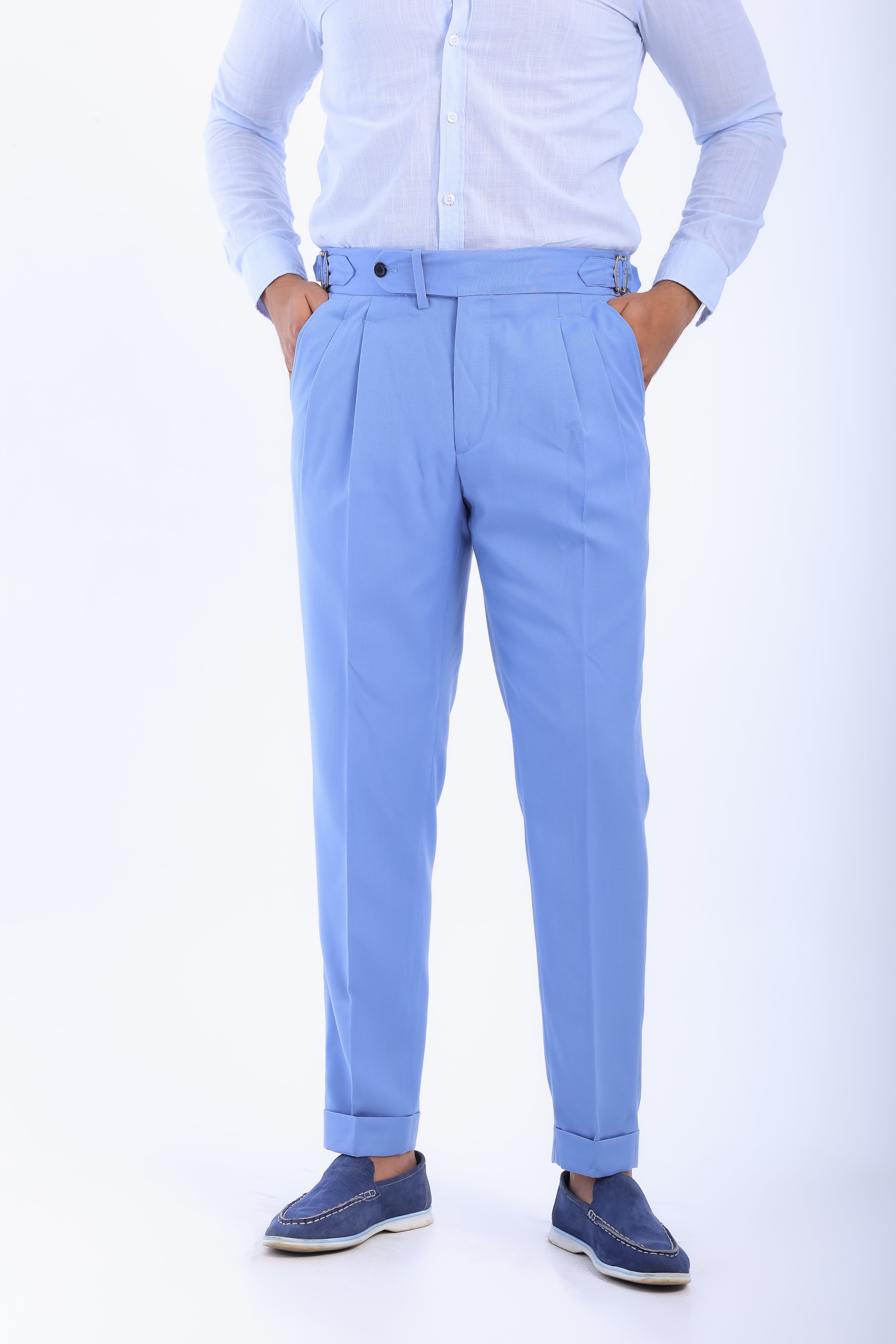 one button linen hight waist gurkha trousers-Baby blue