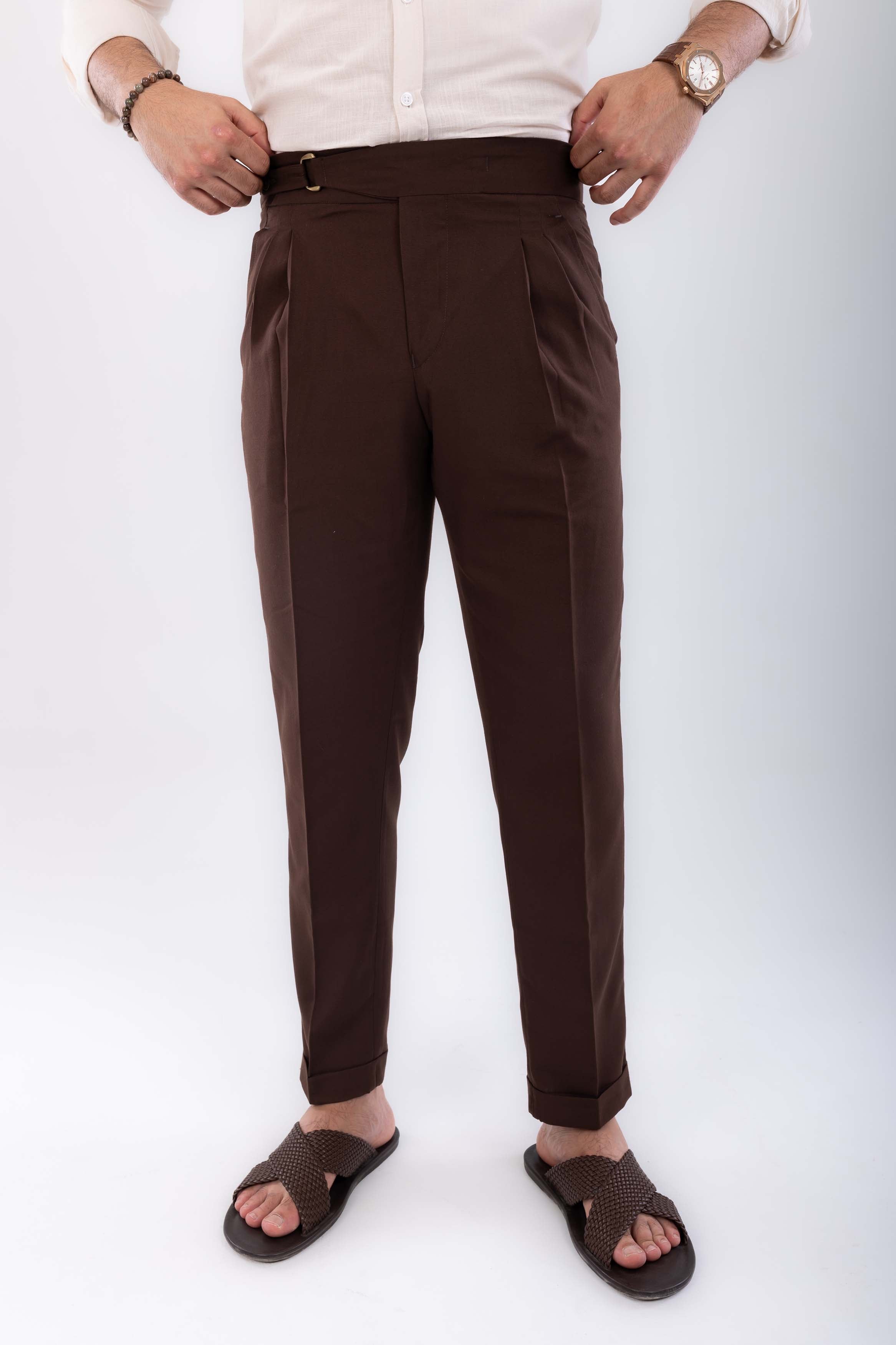 Linen one side hight waist Gurkha trousers-Brown