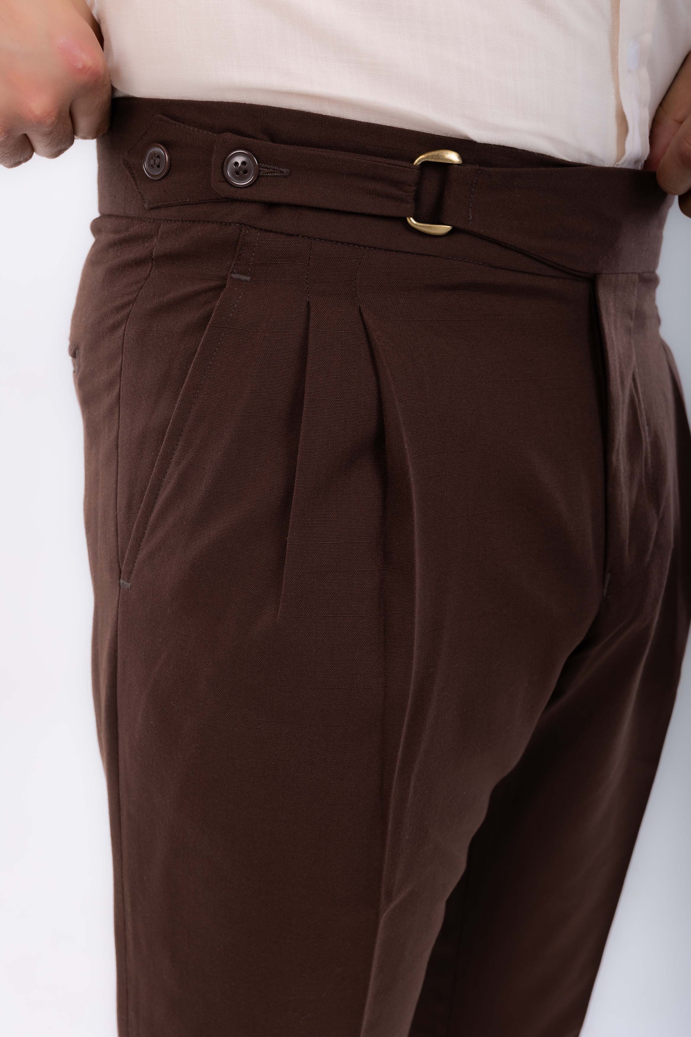 Linen one side hight waist Gurkha trousers-Brown