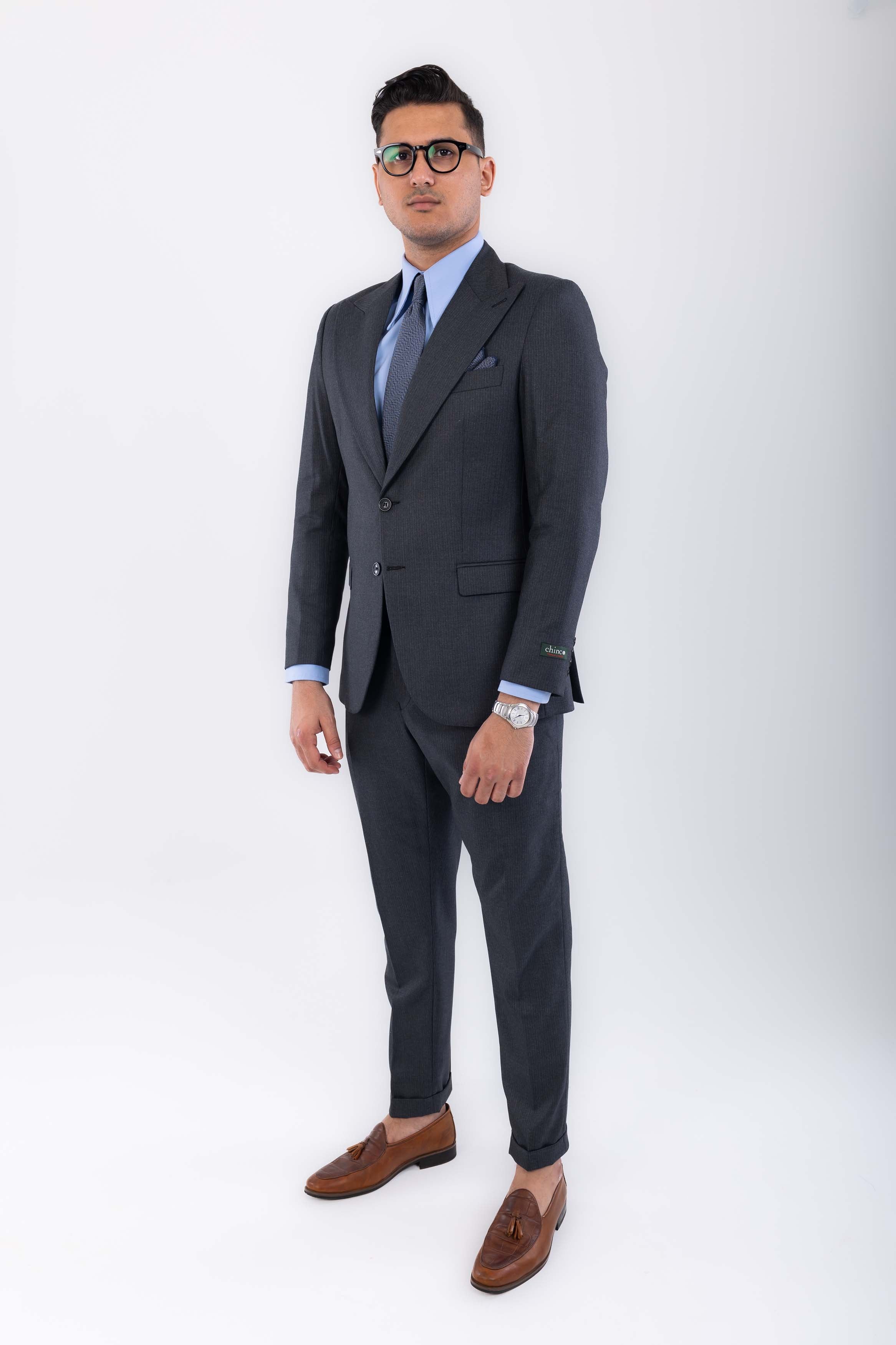 stripe wide peak lapel suit-dark gray