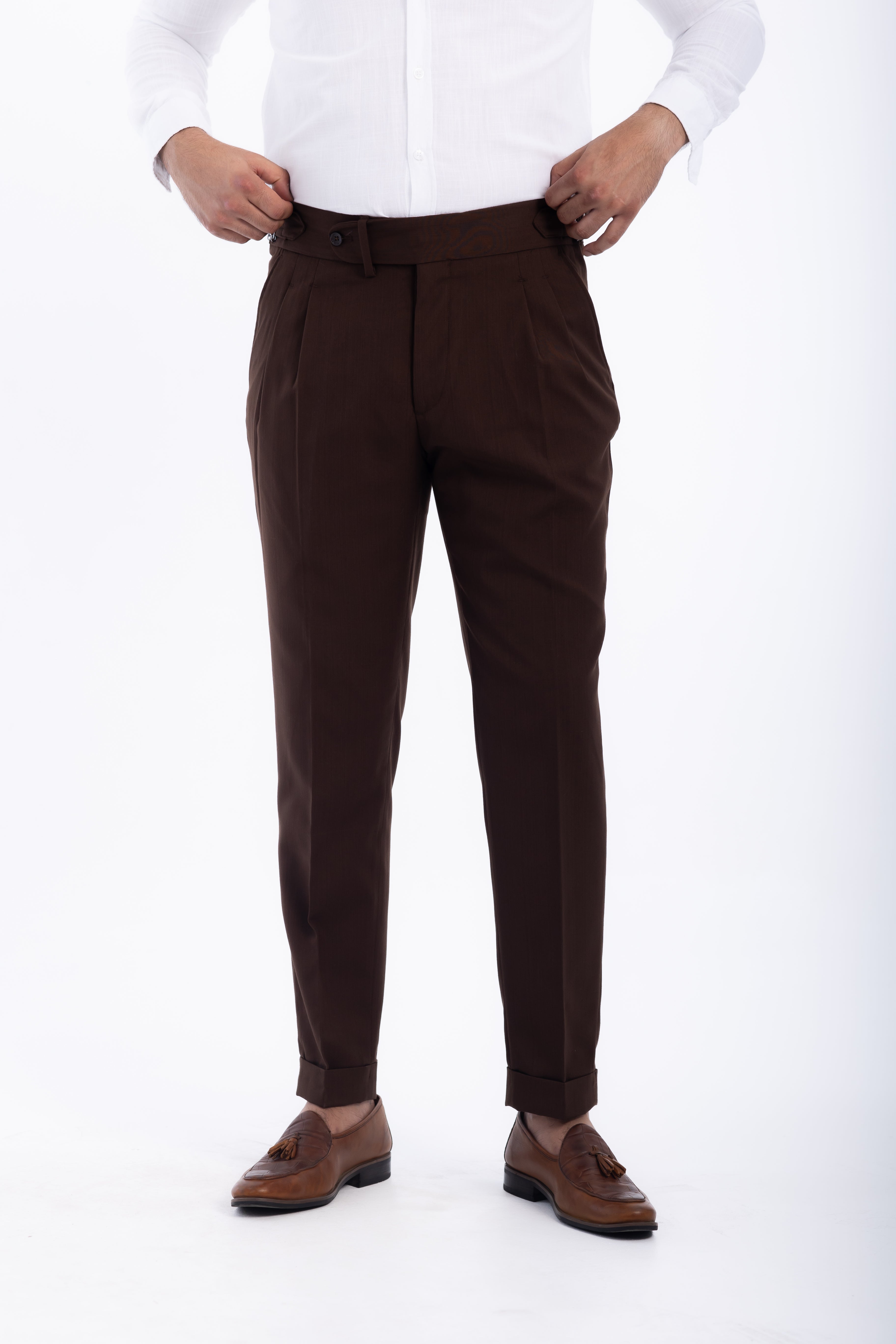 one button linen hight waist gurkha trousers-Brown