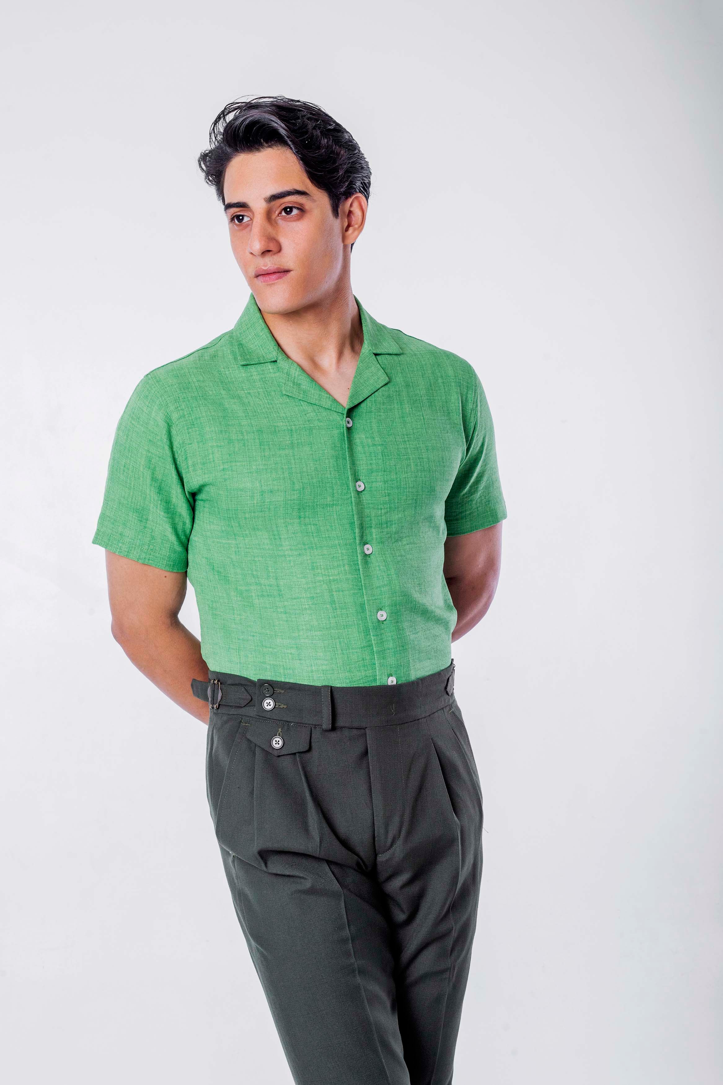 regular  fit camp  collar  linen sleeve short - green