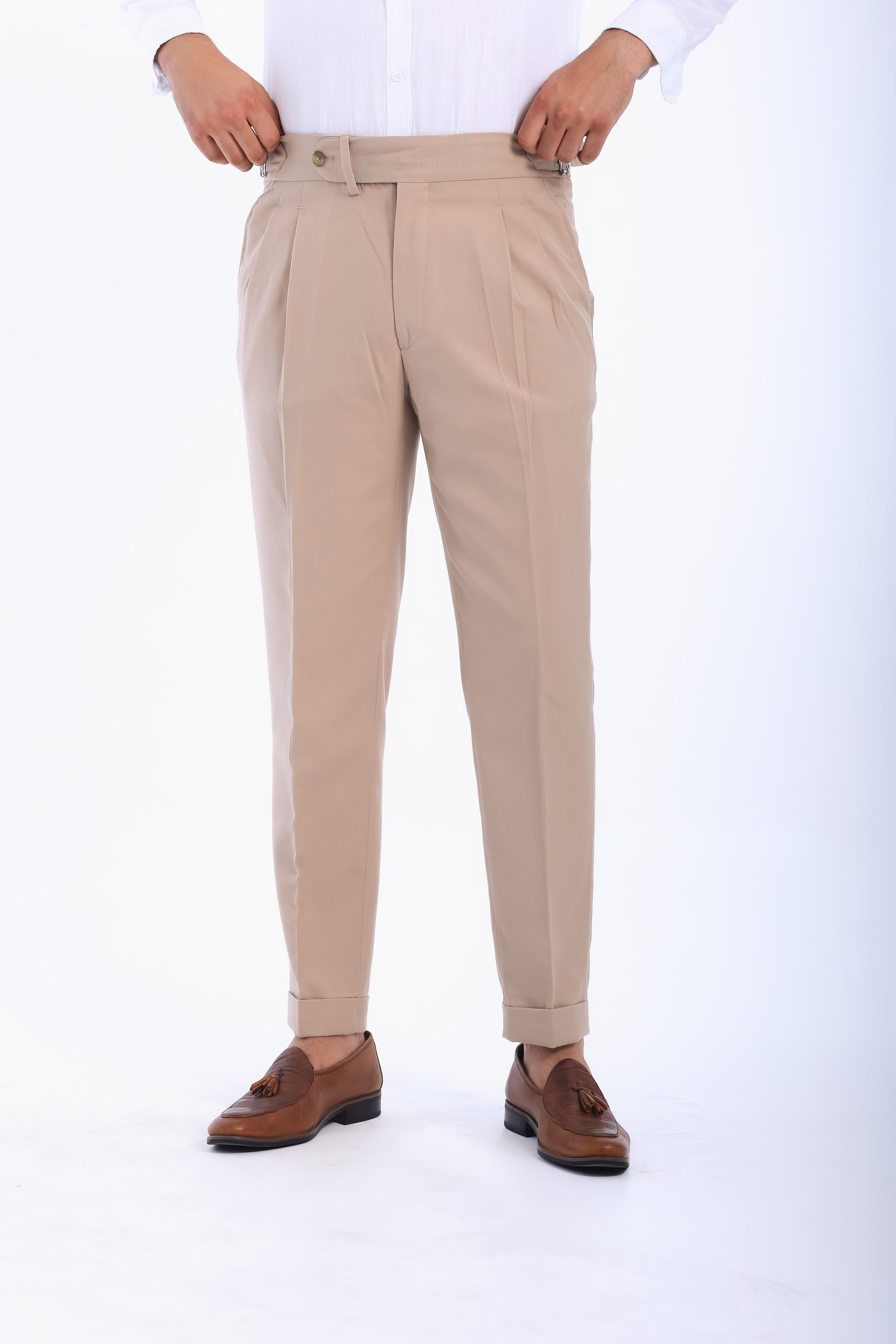 one button linen hight waist gurkha trousers-Beige